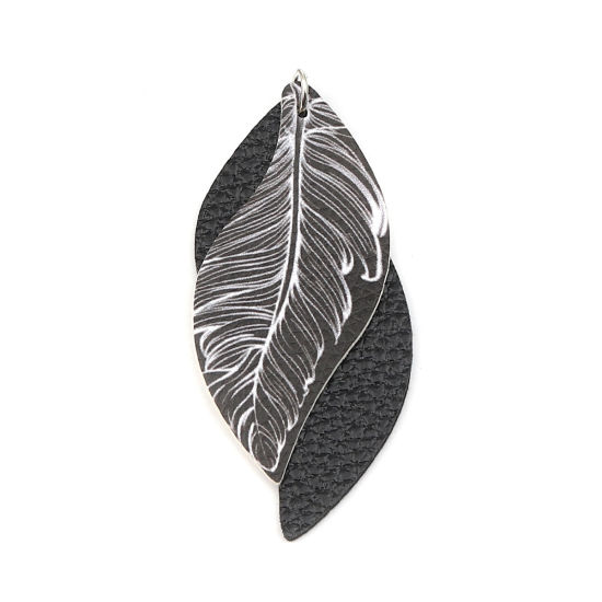 Imagen de PU Leather Pendants Leaf Black & White Feather 77mm x 34mm, 5 PCs