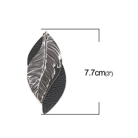 Imagen de PU Leather Pendants Leaf Black & White Feather 77mm x 34mm, 5 PCs