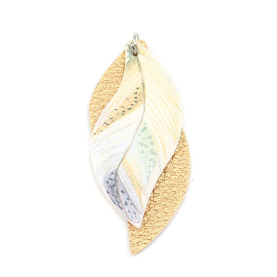 Imagen de PU Leather Pendants Leaf Champagne Feather 77mm x 34mm, 5 PCs