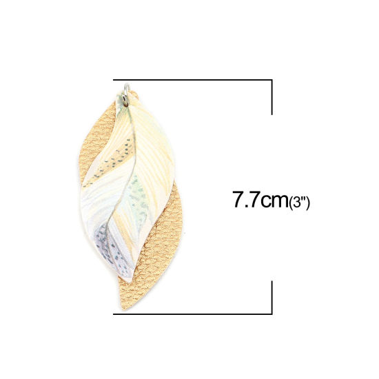 Imagen de PU Leather Pendants Leaf Champagne Feather 77mm x 34mm, 5 PCs