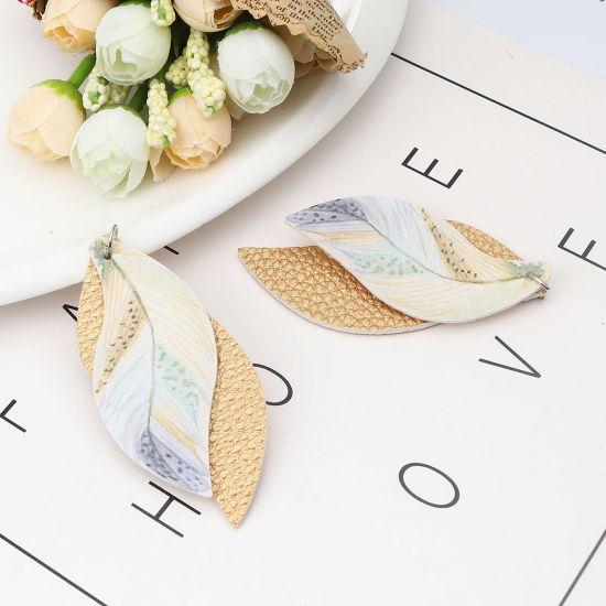 Imagen de PU Leather Pendants Leaf Champagne Feather 77mm x 34mm, 5 PCs