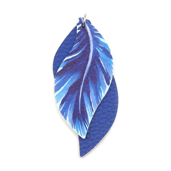 Imagen de PU Leather Pendants Leaf Royal Blue Feather 77mm x 34mm, 5 PCs