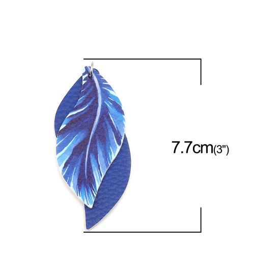 Imagen de PU Leather Pendants Leaf Royal Blue Feather 77mm x 34mm, 5 PCs