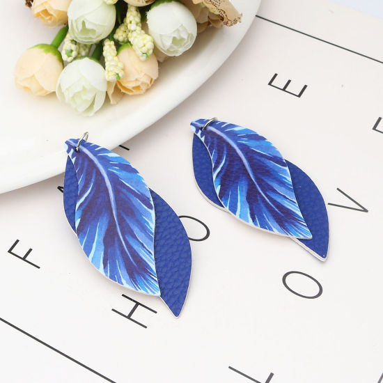 Imagen de PU Leather Pendants Leaf Royal Blue Feather 77mm x 34mm, 5 PCs