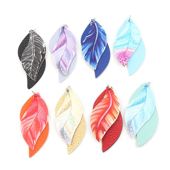 Imagen de PU Leather Pendants Leaf Royal Blue Feather 77mm x 34mm, 5 PCs