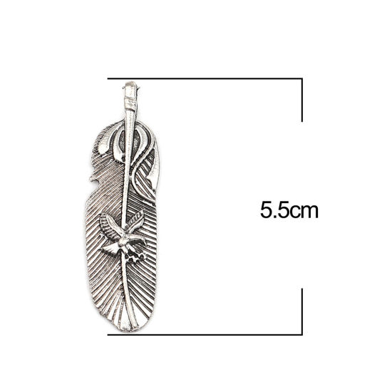 Picture of Zinc Based Alloy Pendants Feather Antique Silver Color Eagle 55mm x 15mm, 10 PCs