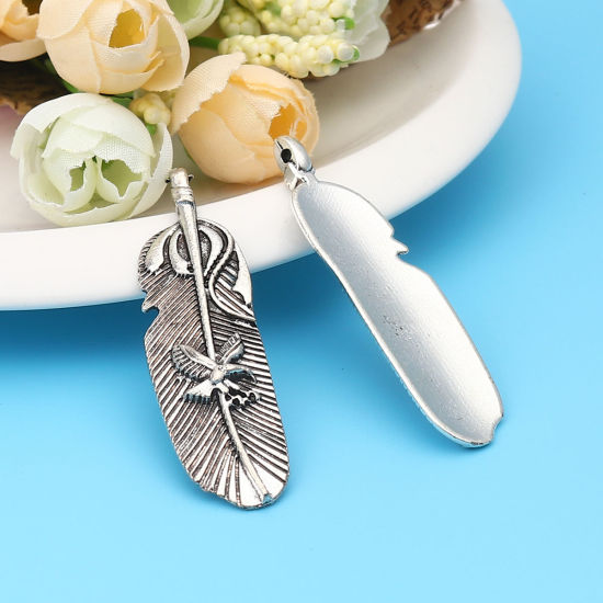 Picture of Zinc Based Alloy Pendants Feather Antique Silver Color Eagle 55mm x 15mm, 10 PCs
