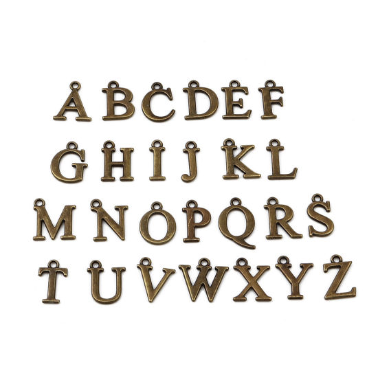 Picture of 1 Set ( 26 PCs/Set) Zinc Based Alloy Charms Antique Bronze Capital Alphabet Initial Letter Message " A-Z " 16mm x 12mm