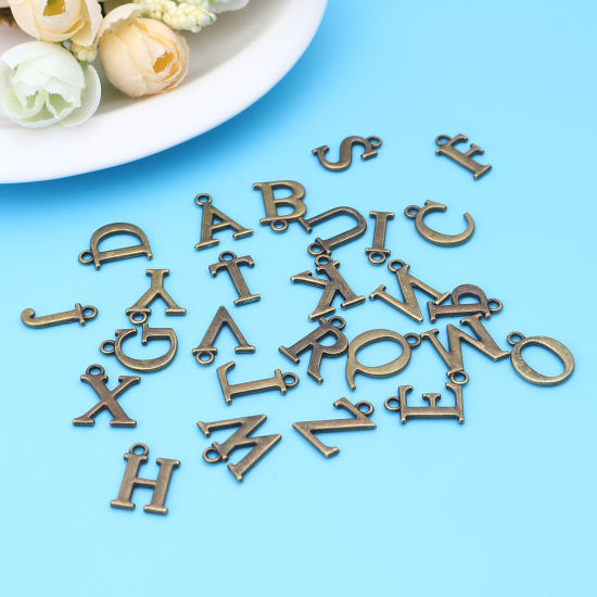 Picture of 1 Set ( 26 PCs/Set) Zinc Based Alloy Charms Antique Bronze Capital Alphabet Initial Letter Message " A-Z " 16mm x 12mm