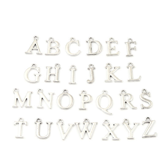 Picture of 1 Set ( 26 PCs/Set) Zinc Based Alloy Charms Antique Silver Color Capital Alphabet Initial Letter Message " A-Z " 16mm x 12mm