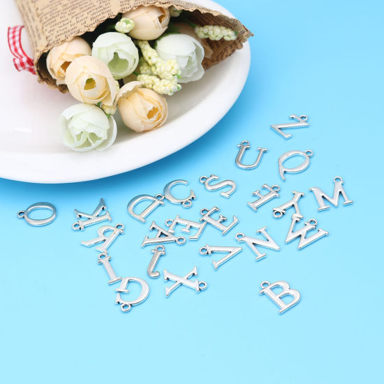 Picture of 1 Set ( 26 PCs/Set) Zinc Based Alloy Charms Antique Silver Color Capital Alphabet Initial Letter Message " A-Z " 16mm x 12mm
