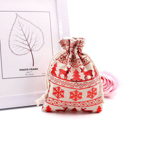 Image de Sachet avec Cordon de Serrage en Coton & Lin Forme Flocon de Neige de Noël Beige & Rouge Rectangle 14cm x 10cm, 10 Pcs