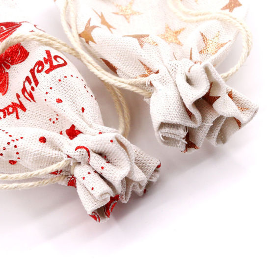 Image de Sachet avec Cordon de Serrage en Coton & Lin Forme Flocon de Neige de Noël Beige & Rouge Rectangle 14cm x 10cm, 10 Pcs