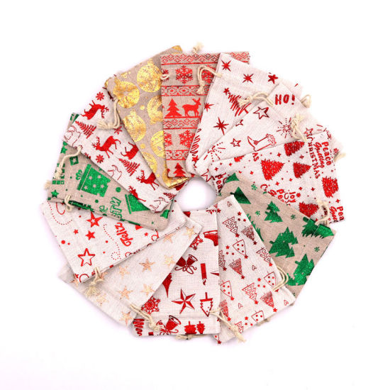 Image de Sachet avec Cordon de Serrage en Coton & Lin Forme Flocon de Neige de Noël Beige & Rouge Rectangle 14cm x 10cm, 10 Pcs