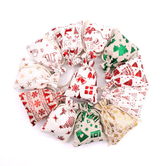 Image de Sachet avec Cordon de Serrage en Coton & Lin Forme Flocon de Neige de Noël Beige & Rouge Rectangle 14cm x 10cm, 10 Pcs