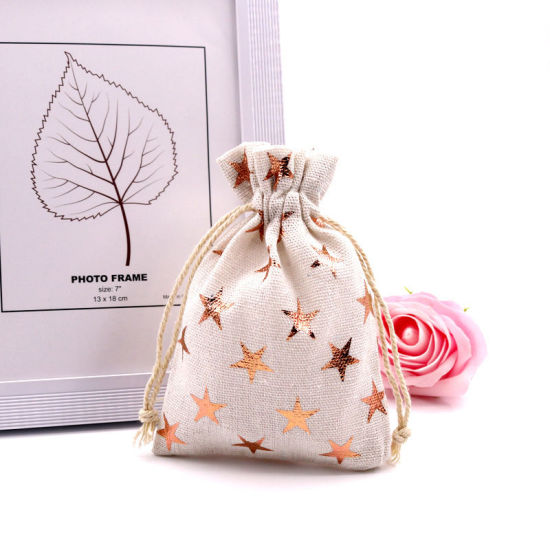 Image de Sachet avec Cordon de Serrage Noël en Coton & Lin Forme Rectangle Crème Etoile 14cm x 10cm, 10 Pcs