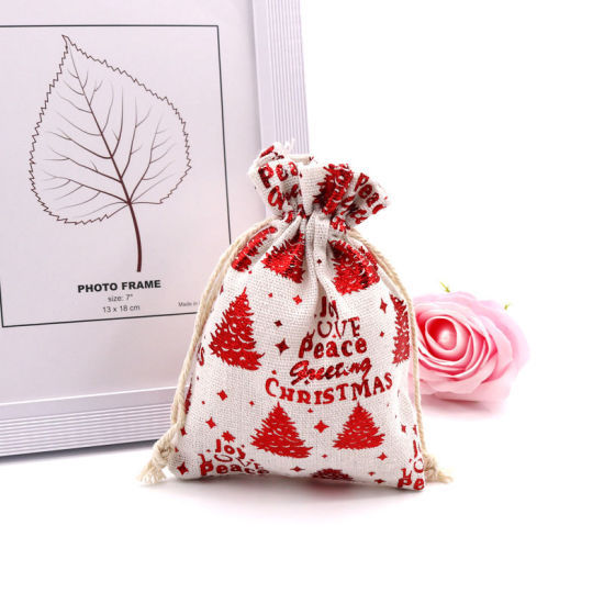 Image de Sachet avec Cordon de Serrage en Coton & Lin Forme Rectangle Beige & Rouge Sapin de Noël 14cm x 10cm, 10 Pcs