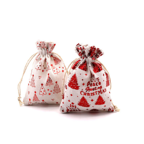 Image de Sachet avec Cordon de Serrage en Coton & Lin Forme Rectangle Beige & Rouge Sapin de Noël 14cm x 10cm, 10 Pcs