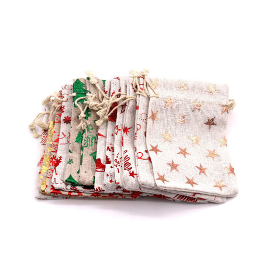 Image de Sachet avec Cordon de Serrage en Coton & Lin Forme Rectangle Beige & Rouge Sapin de Noël 14cm x 10cm, 10 Pcs