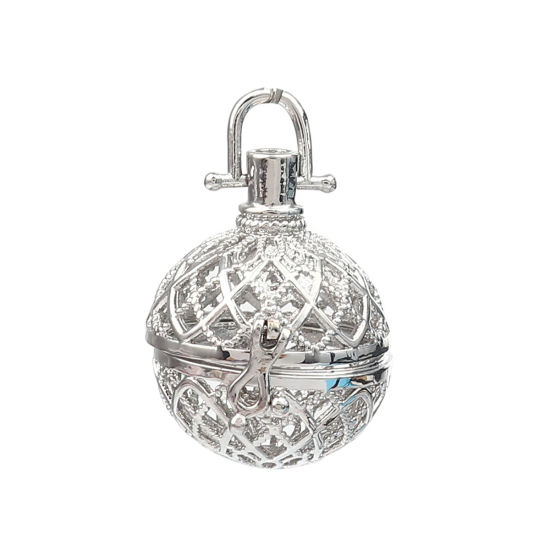 Picture of Zinc Based Alloy Pendants Mexican Angel Caller Bola Harmony Ball Wish Box Locket Filigree Silver Tone Can Open (Fits 20mm Beads) 38mm x 29mm, 2 PCs