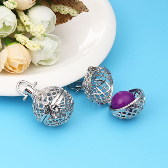 Picture of Zinc Based Alloy Pendants Mexican Angel Caller Bola Harmony Ball Wish Box Locket Filigree Silver Tone Can Open (Fits 20mm Beads) 38mm x 29mm, 2 PCs