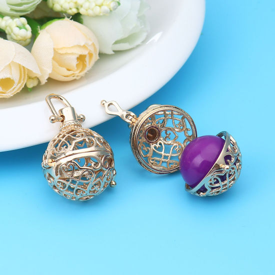 Picture of 2 PCs Zinc Based Alloy Pendants Mexican Angel Caller Bola Harmony Ball Wish Box Locket Filigree Gold Plated Can Open (Fits 15mm Beads) 33mm x 24mm