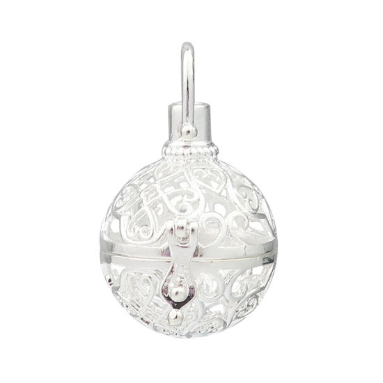 Picture of Zinc Based Alloy Pendants Mexican Angel Caller Bola Harmony Ball Wish Box Locket Filigree Silver Plated Can Open (Fits 15mm Beads) 33mm x 24mm, 2 PCs