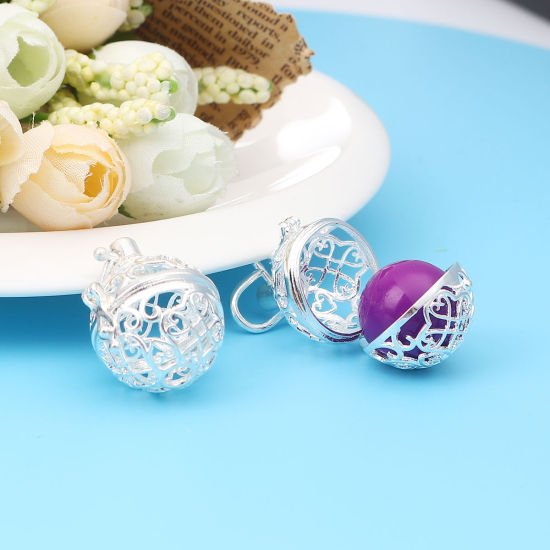 Picture of Zinc Based Alloy Pendants Mexican Angel Caller Bola Harmony Ball Wish Box Locket Filigree Silver Plated Can Open (Fits 15mm Beads) 33mm x 24mm, 2 PCs