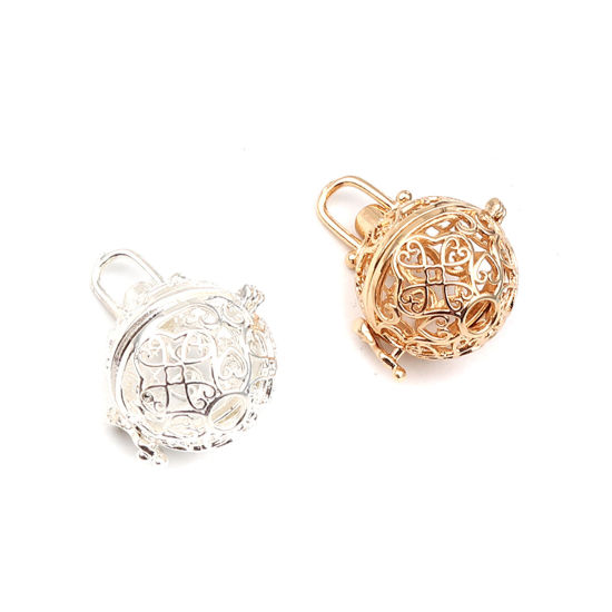 Picture of Zinc Based Alloy Pendants Mexican Angel Caller Bola Harmony Ball Wish Box Locket Filigree Silver Plated Can Open (Fits 15mm Beads) 33mm x 24mm, 2 PCs