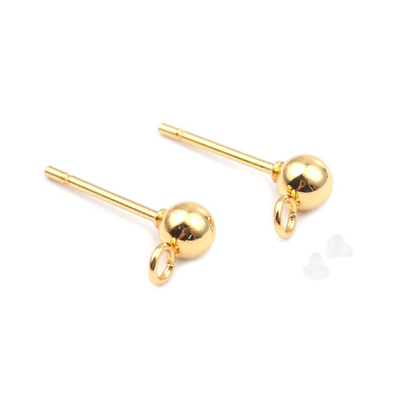 Picture of 10 PCs Stainless Steel Ear Post Stud Earrings Round Gold Plated With Loop 7mm x 4mm, Post/ Wire Size: 0.7mm(21 gauge)
