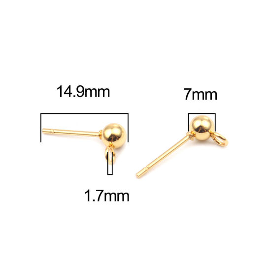 Picture of 10 PCs Stainless Steel Ear Post Stud Earrings Round Gold Plated With Loop 7mm x 4mm, Post/ Wire Size: 0.7mm(21 gauge)