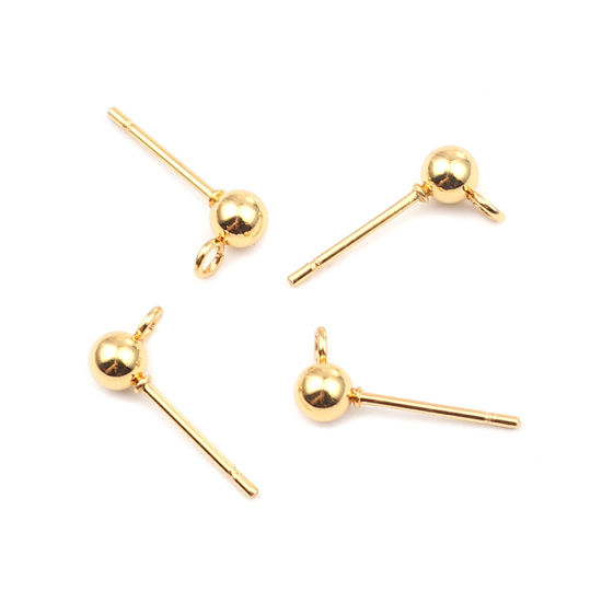 Picture of 10 PCs Stainless Steel Ear Post Stud Earrings Round Gold Plated With Loop 7mm x 4mm, Post/ Wire Size: 0.7mm(21 gauge)