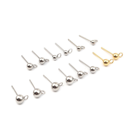 Picture of 10 PCs Stainless Steel Ear Post Stud Earrings Round Gold Plated With Loop 7mm x 4mm, Post/ Wire Size: 0.7mm(21 gauge)