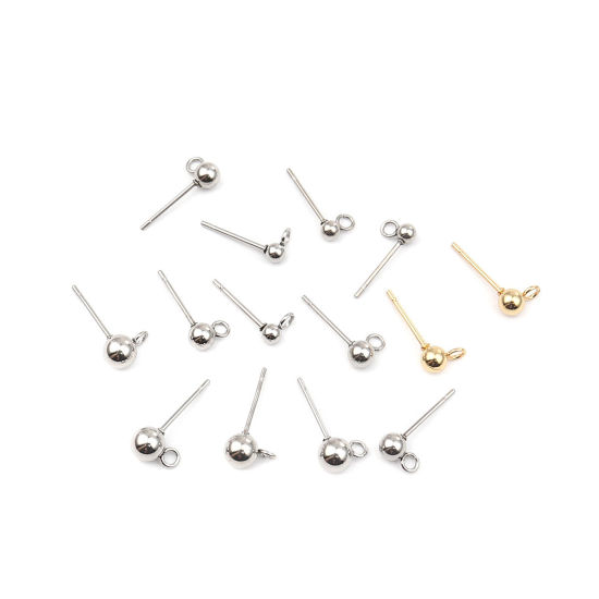 Picture of 10 PCs Stainless Steel Ear Post Stud Earrings Round Gold Plated With Loop 7mm x 4mm, Post/ Wire Size: 0.7mm(21 gauge)