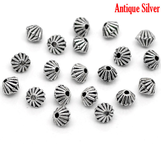 Image de Perles en Alliage de Zinc Bicône Argent Vieilli Rayées 5mm x 4mm, Taille de Trou: 1.5mm, 200 Pcs
