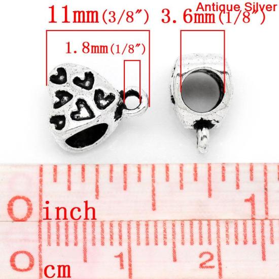 ヨーロッパ風 チャームビーズ ヨーロッパ/ブレスレットにも合う ハート 銀古美 3.6mm 1.8mm 11mm x 8mm、 100 個 の画像