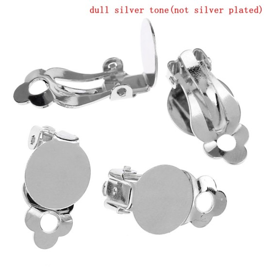 合金 イヤリング金具 クリップ式 蝶バネ丸皿 シルバートーン 19mm x 10mm、 50 個 の画像