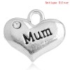 Picture of 20 PCs Zinc Based Alloy Mother's Day Charms Antique Silver Color Heart Message " MUM " Clear Rhinestone 16mm x 14mm