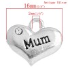 Picture of 20 PCs Zinc Based Alloy Mother's Day Charms Antique Silver Color Heart Message " MUM " Clear Rhinestone 16mm x 14mm