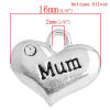 Picture of 20 PCs Zinc Based Alloy Mother's Day Charms Antique Silver Color Heart Message " MUM " Clear Rhinestone 16mm x 14mm