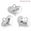 Picture of 20 PCs Zinc Based Alloy Mother's Day Charms Antique Silver Color Heart Message " MUM " Clear Rhinestone 16mm x 14mm