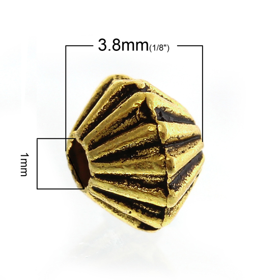 Image de Perles en Alliage de Zinc Forme Bicône Or Antique Rayées 5mm x 4mm, Tailles de Trous: 1mm, 500 Pièces