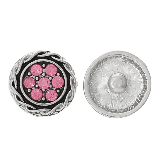 16mm 亜鉛合金 スナップボタン　スナップボタンブレスレットに適応 円形 銀古美 ピンク 花柄 ピンクラインストーン つまみのサイズ： 4.8mm、10 個 の画像