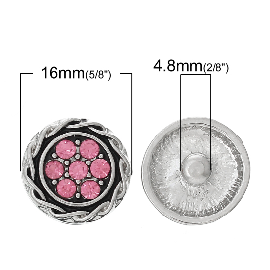 16mm 亜鉛合金 スナップボタン　スナップボタンブレスレットに適応 円形 銀古美 ピンク 花柄 ピンクラインストーン つまみのサイズ： 4.8mm、10 個 の画像