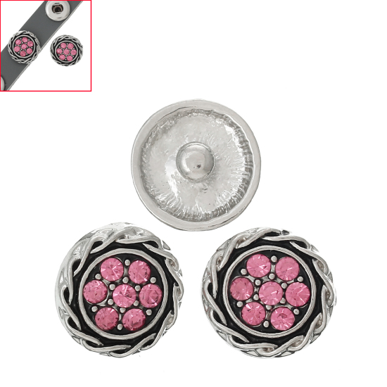 16mm 亜鉛合金 スナップボタン　スナップボタンブレスレットに適応 円形 銀古美 ピンク 花柄 ピンクラインストーン つまみのサイズ： 4.8mm、10 個 の画像