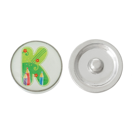 Image de 20mm Bouton Pression Forme Rond Argent Mat Vert Lettre " K " pour Bracelet Bouton Pression, Taille de Poignée: 5.5mm, 5 Pcs