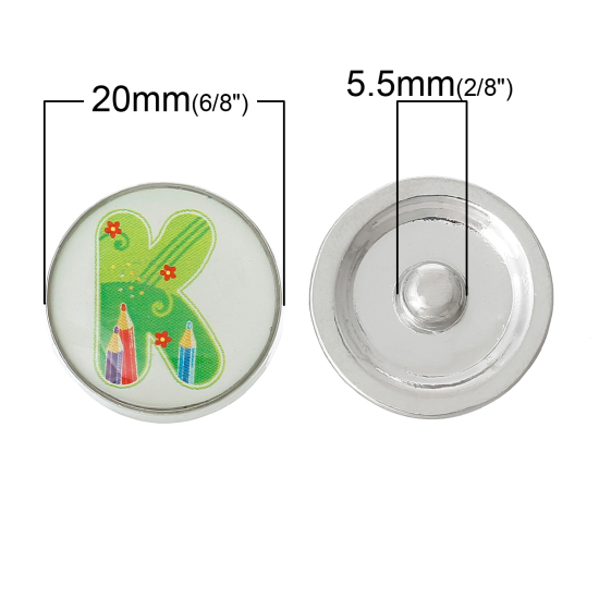 Image de 20mm Bouton Pression Forme Rond Argent Mat Vert Lettre " K " pour Bracelet Bouton Pression, Taille de Poignée: 5.5mm, 5 Pcs