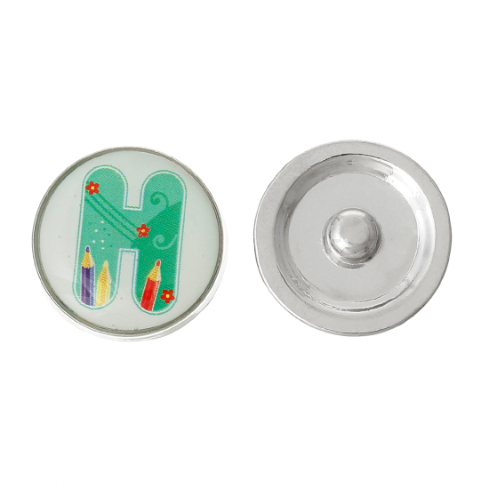 Image de 20mm Bouton Pression Forme Rond Argent Mat Vert Lettre " H " pour Bracelet Bouton Pression, Taille de Poignée: 5.5mm, 5 Pcs
