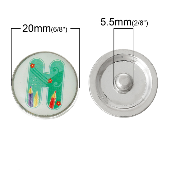 Image de 20mm Bouton Pression Forme Rond Argent Mat Vert Lettre " H " pour Bracelet Bouton Pression, Taille de Poignée: 5.5mm, 5 Pcs