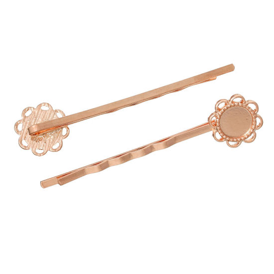 Image de Pinces à Cheveux Estampe en Filigrane Creux en Alliage de Zinc Fleurs Or Rose pour Cabochon 8mm Dia, 5.8cm x 1.4cm, 10 Pcs
